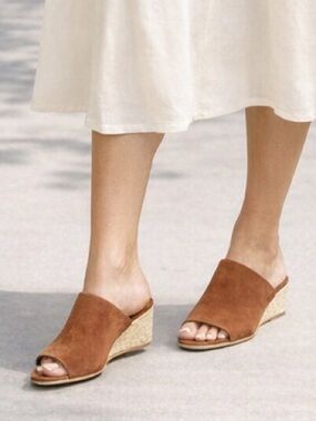 Seychelles Suede Open-Toe Wedge Mules in Chestnut Brown